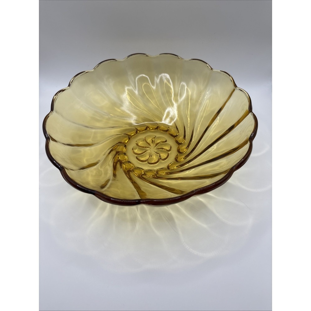 Vintage 1960s Hazel Atlas Amber Glass Swirl Seashell 9" Bowl